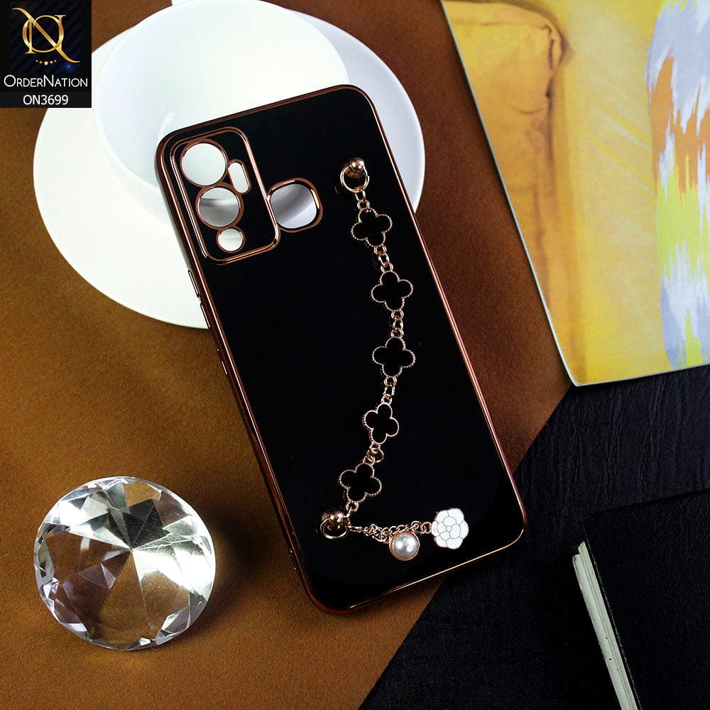 Infinix Hot 12 Play Cover - Black -  Electroplated Edges Soft Silicone Flower Chain Finger Holder Case
