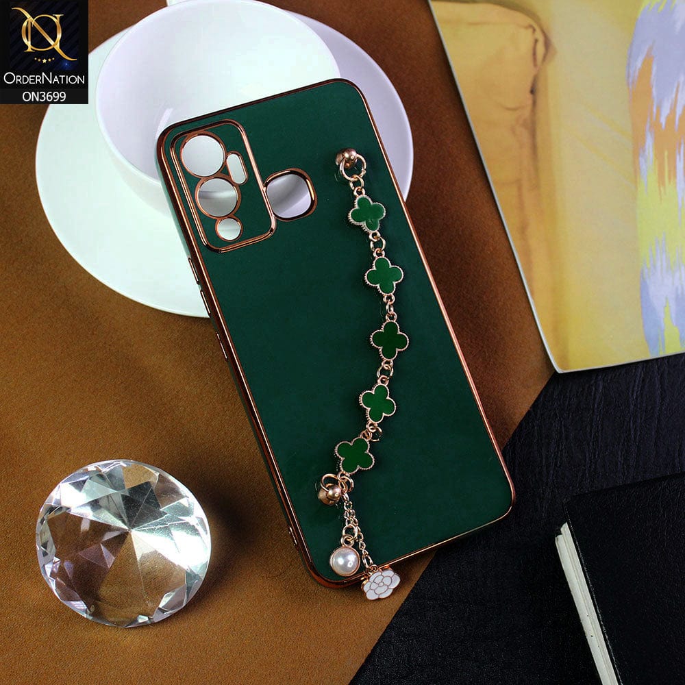 Infinix Hot 12 Play Cover - Green -  Electroplated Edges Soft Silicone Flower Chain Finger Holder Case