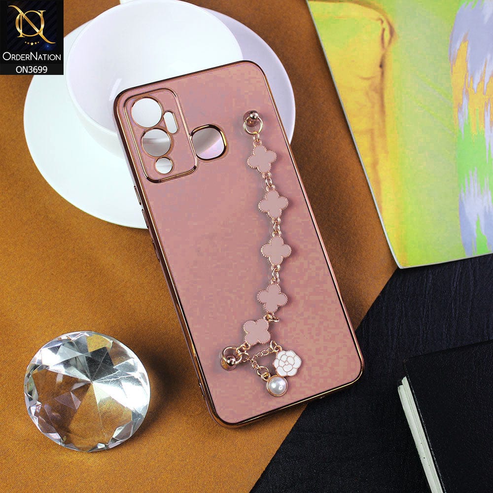 Infinix Hot 12 Play Cover - Mauve -  Electroplated Edges Soft Silicone Flower Chain Finger Holder Case