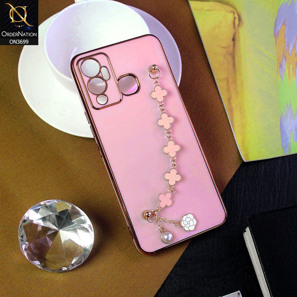 Infinix Hot 12 Play Cover - Pink -  Electroplated Edges Soft Silicone Flower Chain Finger Holder Case