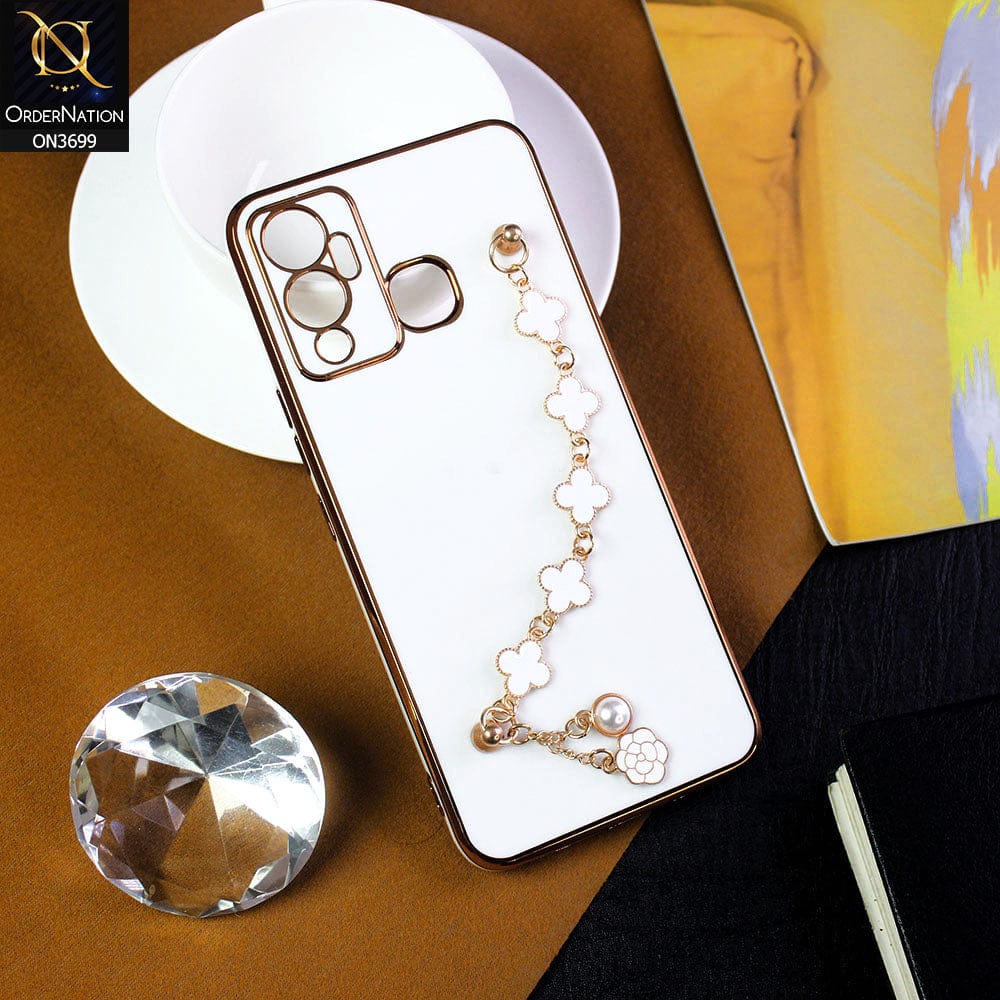 Infinix Hot 12 Play Cover - White -  Electroplated Edges Soft Silicone Flower Chain Finger Holder Case