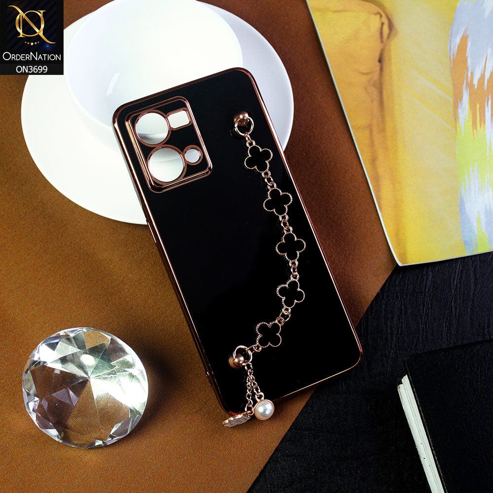 Oppo Reno 7 4G Cover - Black -  Electroplated Edges Soft Silicone Flower Chain Finger Holder Case