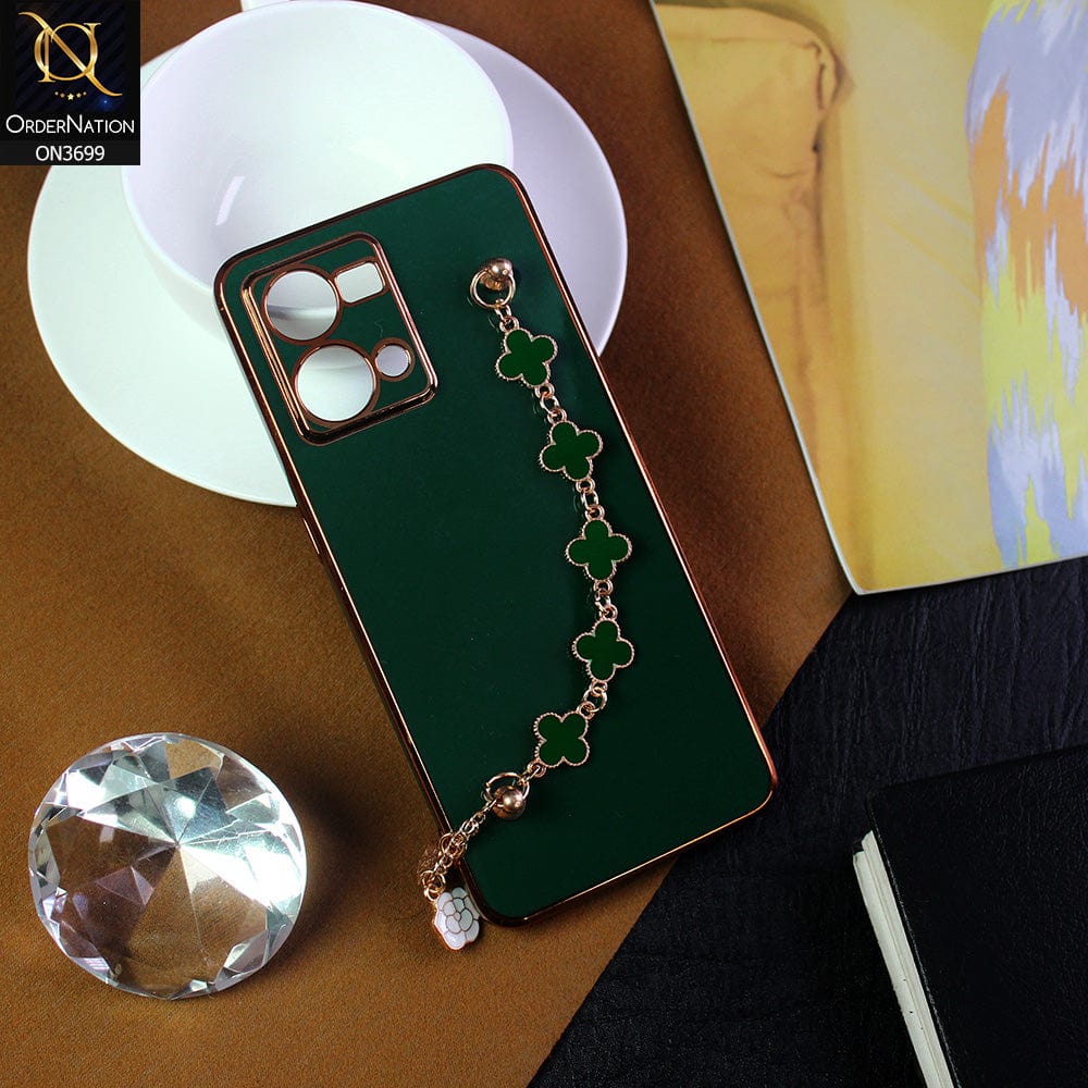 Oppo F21 Pro 4G Cover - Green -  Electroplated Edges Soft Silicone Flower Chain Finger Holder Case