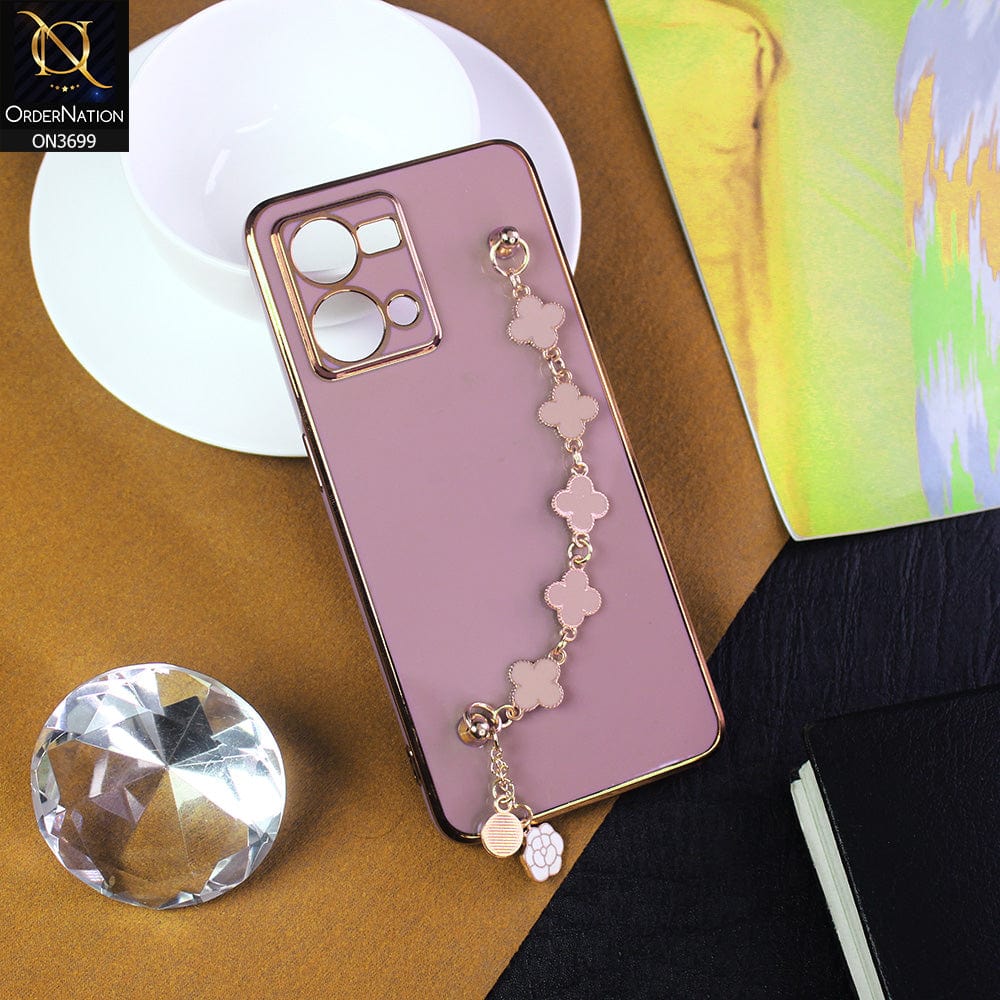 Oppo Reno 7 4G Cover - Mauve -  Electroplated Edges Soft Silicone Flower Chain Finger Holder Case