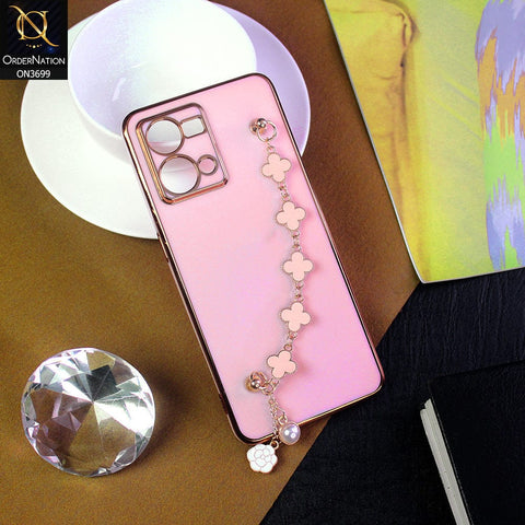 Oppo Reno 7 4G Cover - Pink -  Electroplated Edges Soft Silicone Flower Chain Finger Holder Case