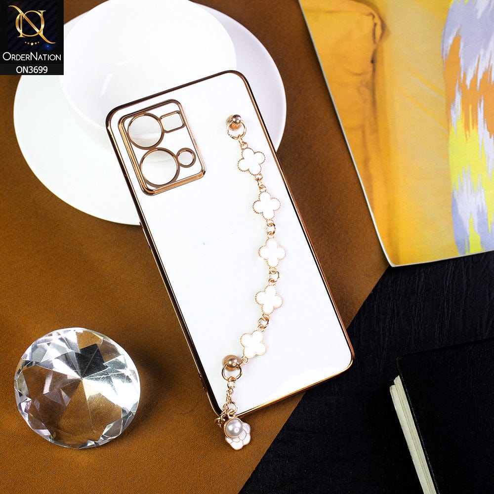 Oppo Reno 7 4G Cover - White -  Electroplated Edges Soft Silicone Flower Chain Finger Holder Case