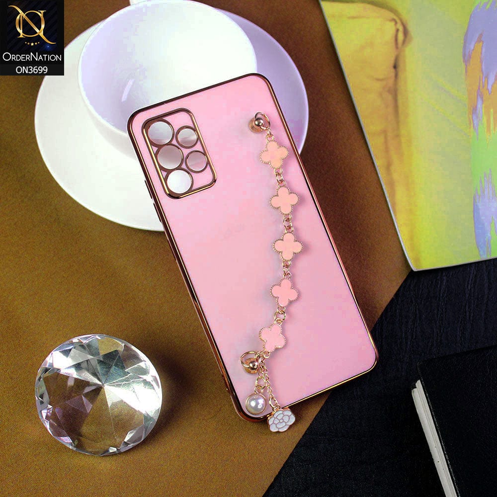 Samsung Galaxy A32 Cover - Pink -  Electroplated Edges Soft Silicone Flower Chain Finger Holder Case