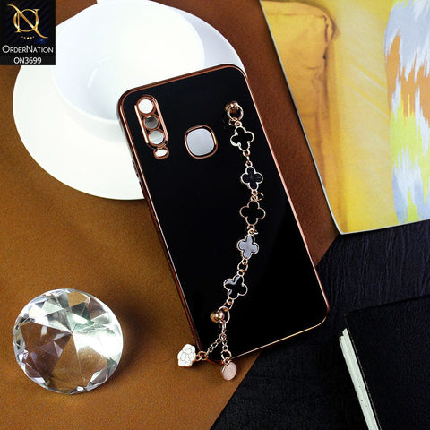 Vivo Y17 Cover - Black -  Electroplated Edges Soft Silicone Flower Chain Finger Holder Case