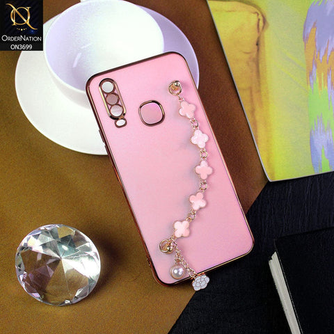 Vivo Y15 Cover - Pink -  Electroplated Edges Soft Silicone Flower Chain Finger Holder Case