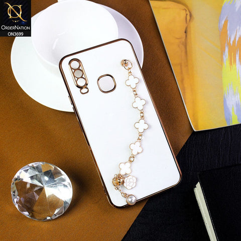 Vivo Y17 Cover - White -  Electroplated Edges Soft Silicone Flower Chain Finger Holder Case
