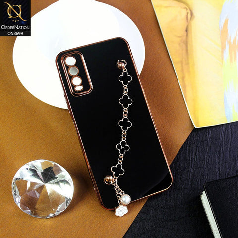 Vivo Y20T Cover - Black -  Electroplated Edges Soft Silicone Flower Chain Finger Holder Case