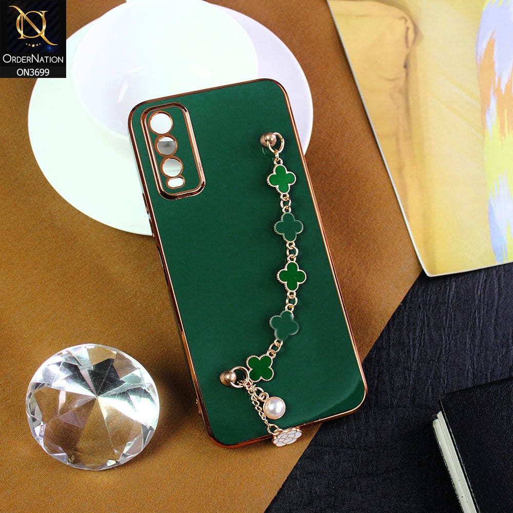 Vivo Y20i Cover - Green -  Electroplated Edges Soft Silicone Flower Chain Finger Holder Case
