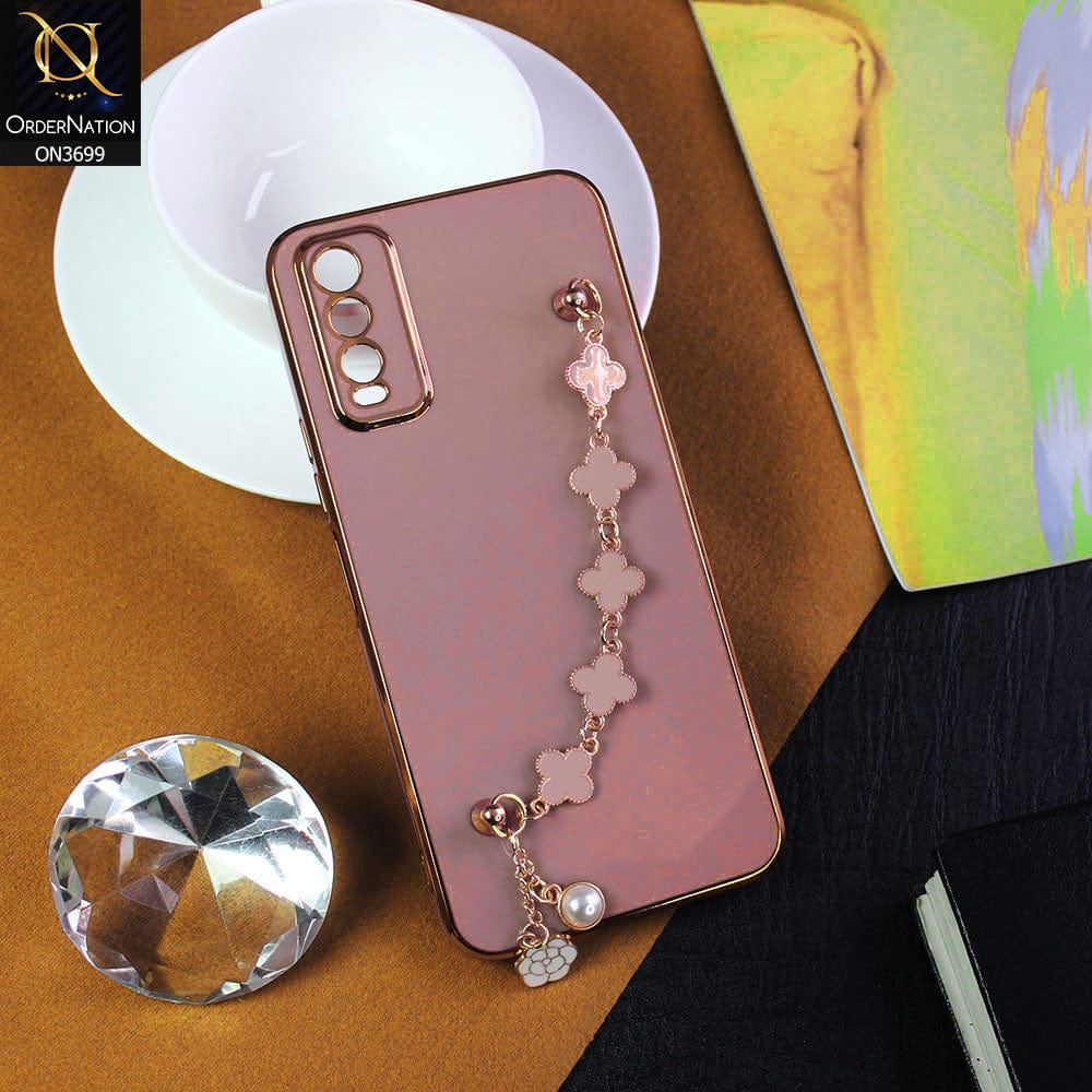 Vivo Y20T Cover - Mauve -  Electroplated Edges Soft Silicone Flower Chain Finger Holder Case