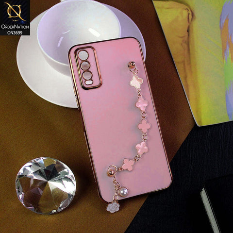 Vivo Y20i Cover - Pink -  Electroplated Edges Soft Silicone Flower Chain Finger Holder Case
