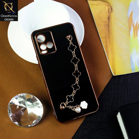 Vivo Y21s Cover - Black -  Electroplated Edges Soft Silicone Flower Chain Finger Holder Case