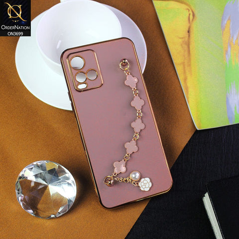 Vivo Y21e Cover - Mauve -  Electroplated Edges Soft Silicone Flower Chain Finger Holder Case