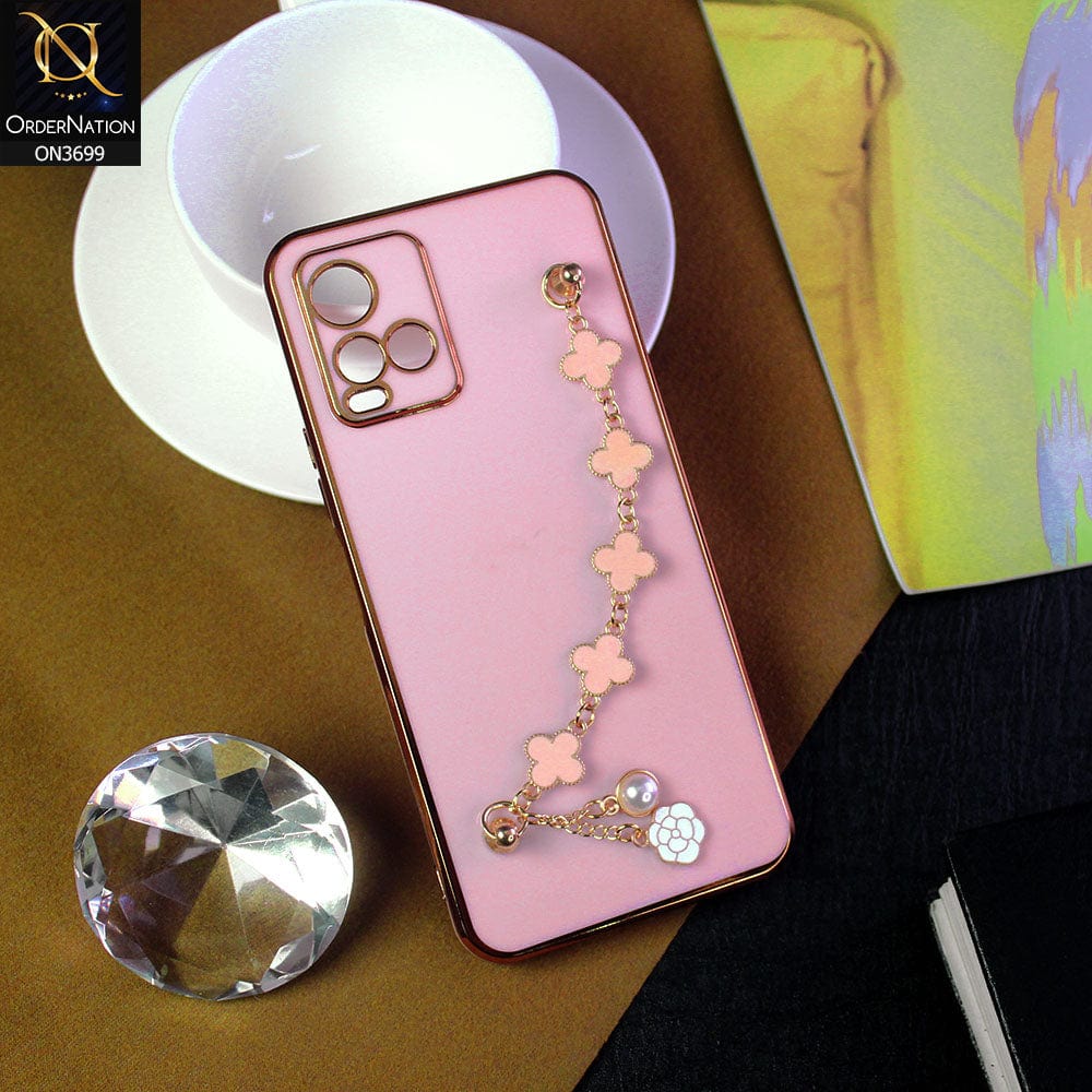 Vivo Y33t Cover - Pink -  Electroplated Edges Soft Silicone Flower Chain Finger Holder Case