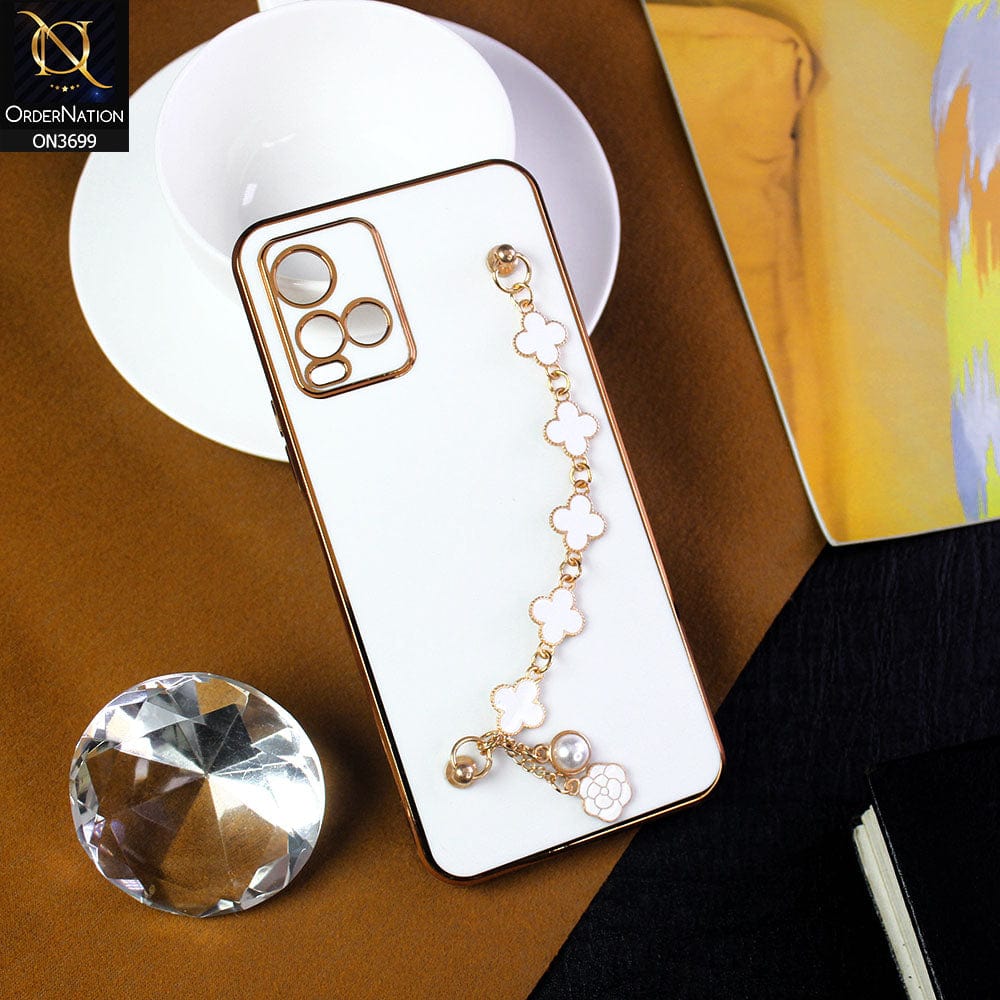 Vivo Y21G Cover - White -  Electroplated Edges Soft Silicone Flower Chain Finger Holder Case