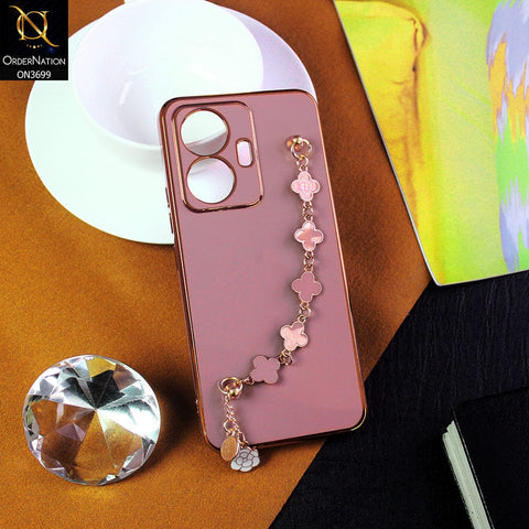 Vivo Y55 4G Cover - Mauve -  Electroplated Edges Soft Silicone Flower Chain Finger Holder Case