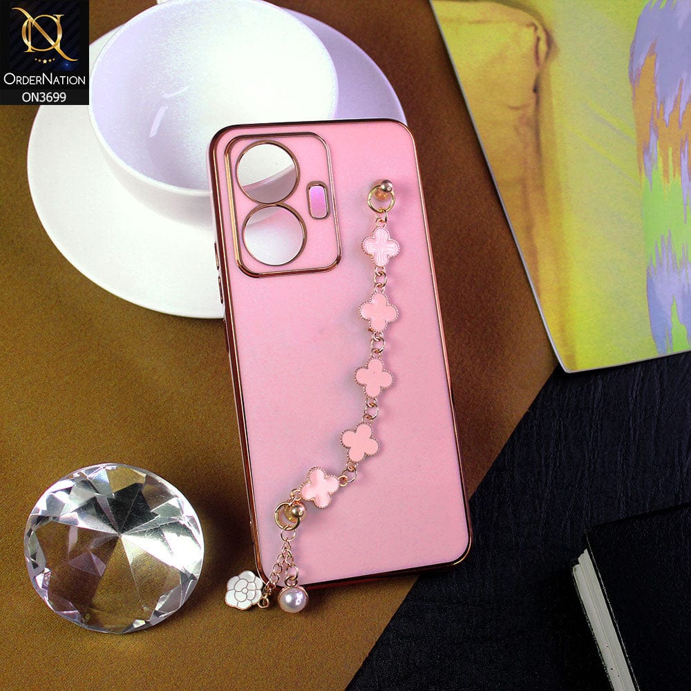 Vivo Y55 4G Cover - Pink -  Electroplated Edges Soft Silicone Flower Chain Finger Holder Case