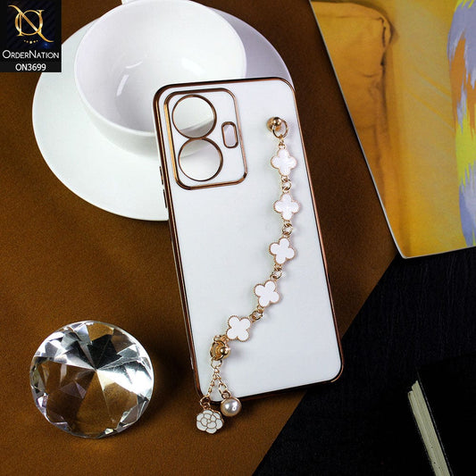 Vivo Y55 4G Cover - White -  Electroplated Edges Soft Silicone Flower Chain Finger Holder Case