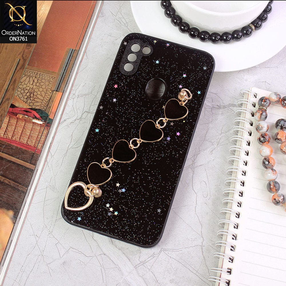 Samsung Galaxy A11 Cover - Black - Shiny Glitter Candy Color Soft Border Camera Protection Case With Heart Chain Holder (Glitter Does not move)