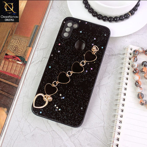 Samsung Galaxy M11 Cover - Black - Shiny Glitter Candy Color Soft Border Camera Protection Case With Heart Chain Holder (Glitter Does not move)