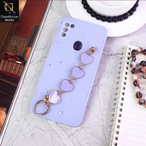 Samsung Galaxy A11 Cover - Purple - Shiny Glitter Candy Color Soft Border Camera Protection Case With Heart Chain Holder (Glitter Does not move)