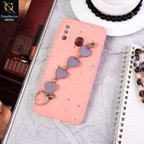 Samsung Galaxy A30 Cover - Pink - Shiny Glitter Candy Color Soft Border Camera Protection Case With Heart Chain Holder (Glitter Does not move)