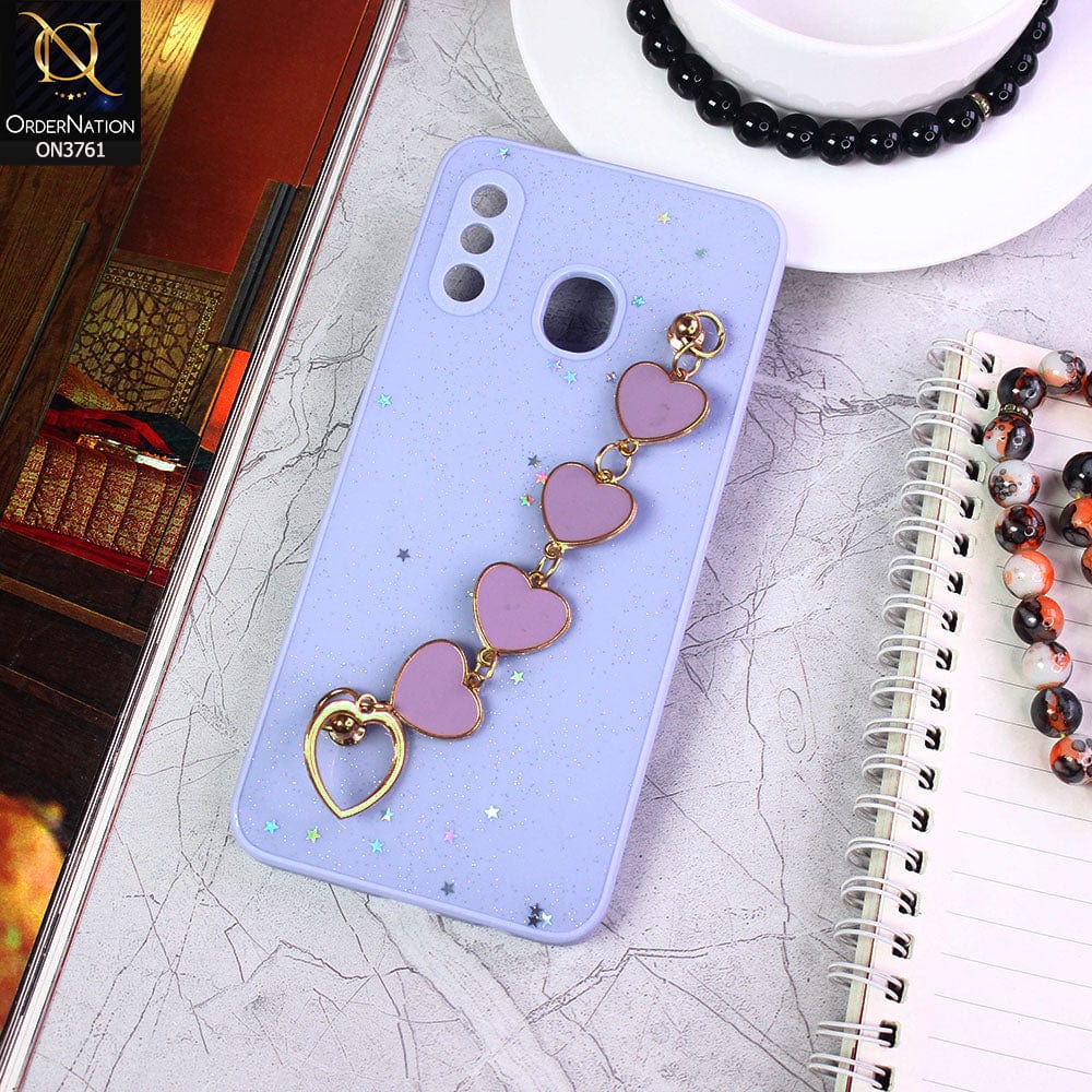 Samsung Galaxy A20 Cover - Purple - Shiny Glitter Candy Color Soft Border Camera Protection Case With Heart Chain Holder (Glitter Does not move)