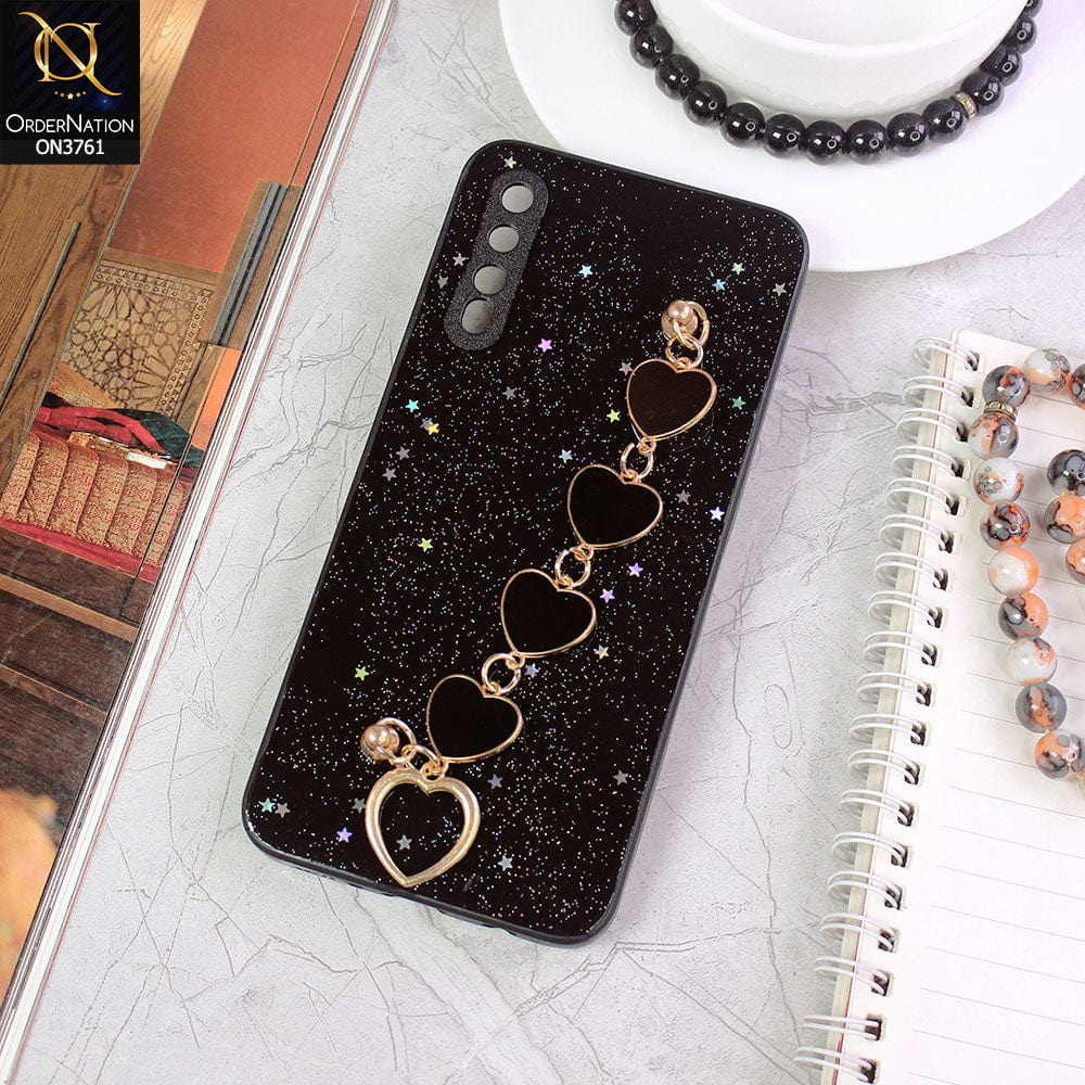Samsung Galaxy A50 Cover - Black - Shiny Glitter Candy Color Soft Border Camera Protection Case With Heart Chain Holder (Glitter Does not move)