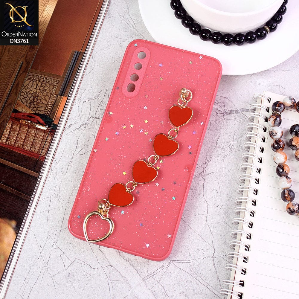 Samsung Galaxy A30s Cover - Peach - Shiny Glitter Candy Color Soft Border Camera Protection Case With Heart Chain Holder (Glitter Does not move)