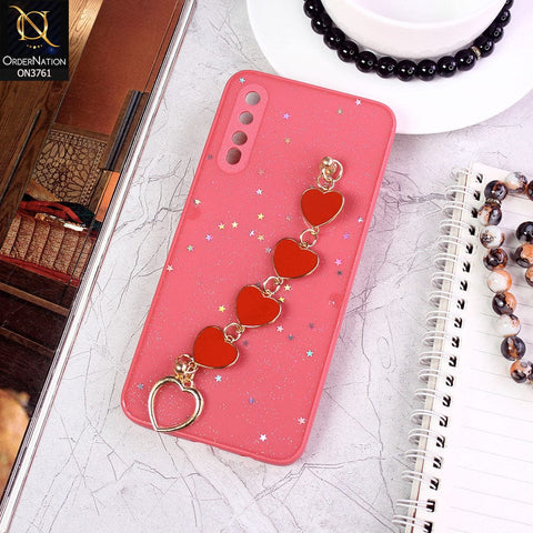 Samsung Galaxy A50 Cover - Peach - Shiny Glitter Candy Color Soft Border Camera Protection Case With Heart Chain Holder (Glitter Does not move)