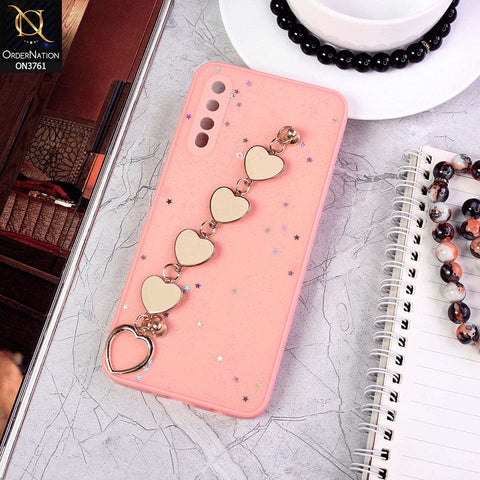 Samsung Galaxy A30s Cover - Pink - Shiny Glitter Candy Color Soft Border Camera Protection Case With Heart Chain Holder (Glitter Does not move)