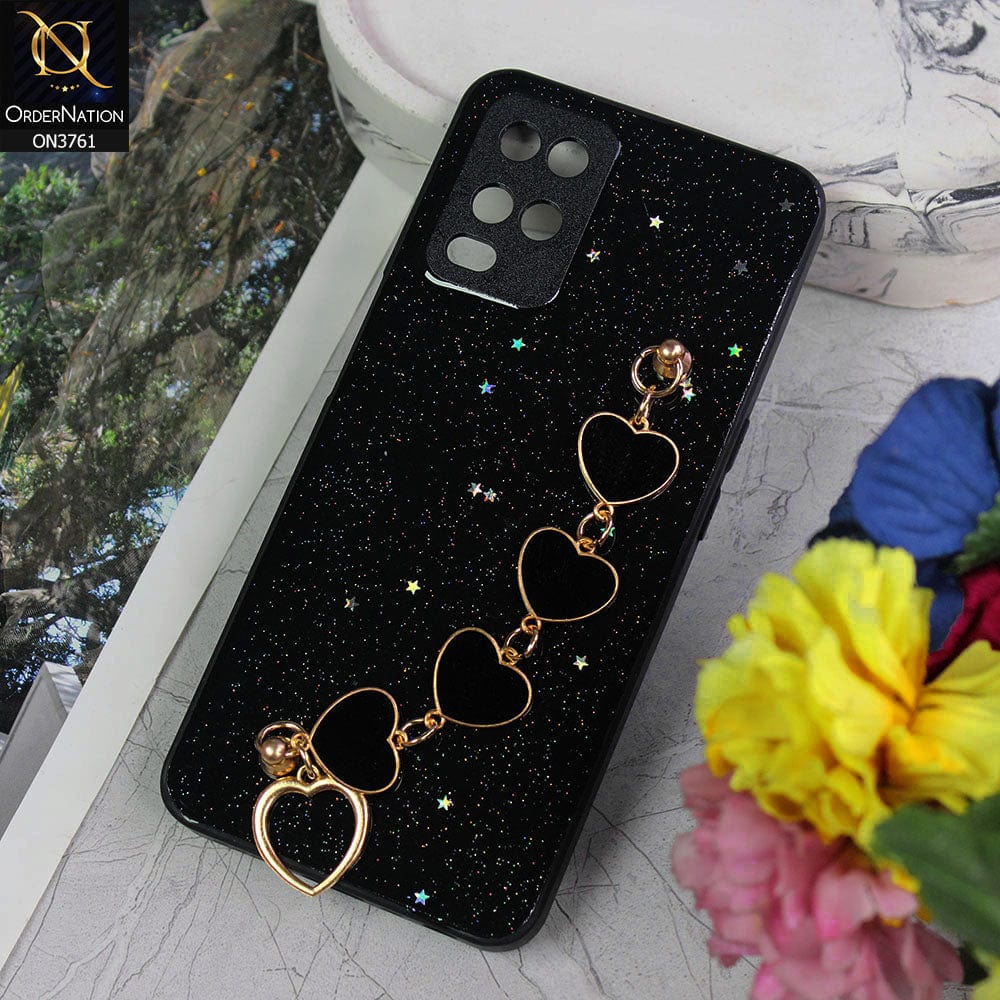 Oppo A54 4G Cover - Black - Shiny Glitter Candy Color Soft Border Camera Protection Case With Heart Chain Holder (Glitter Does not move)