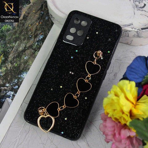 Oppo A54 4G Cover - Black - Shiny Glitter Candy Color Soft Border Camera Protection Case With Heart Chain Holder (Glitter Does not move)