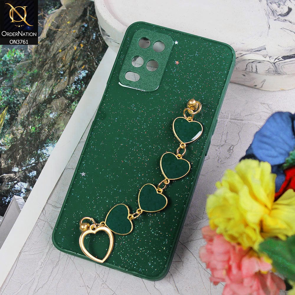 Oppo A54 4G Cover - Dark Green - Shiny Glitter Candy Color Soft Border Camera Protection Case With Heart Chain Holder (Glitter Does not move)