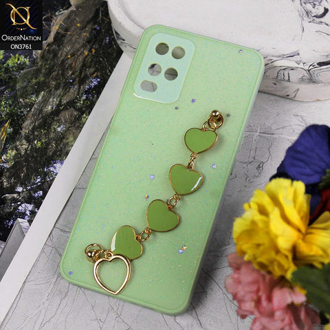 Oppo A54 4G Cover - Light Green - Shiny Glitter Candy Color Soft Border Camera Protection Case With Heart Chain Holder (Glitter Does not move)