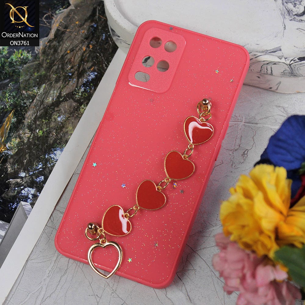 Oppo A54 4G Cover - Peach - Shiny Glitter Candy Color Soft Border Camera Protection Case With Heart Chain Holder (Glitter Does not move)