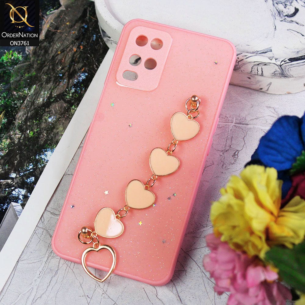 Oppo A54 4G Cover - Pink - Shiny Glitter Candy Color Soft Border Camera Protection Case With Heart Chain Holder (Glitter Does not move)