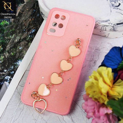 Oppo A54 4G Cover - Pink - Shiny Glitter Candy Color Soft Border Camera Protection Case With Heart Chain Holder (Glitter Does not move)