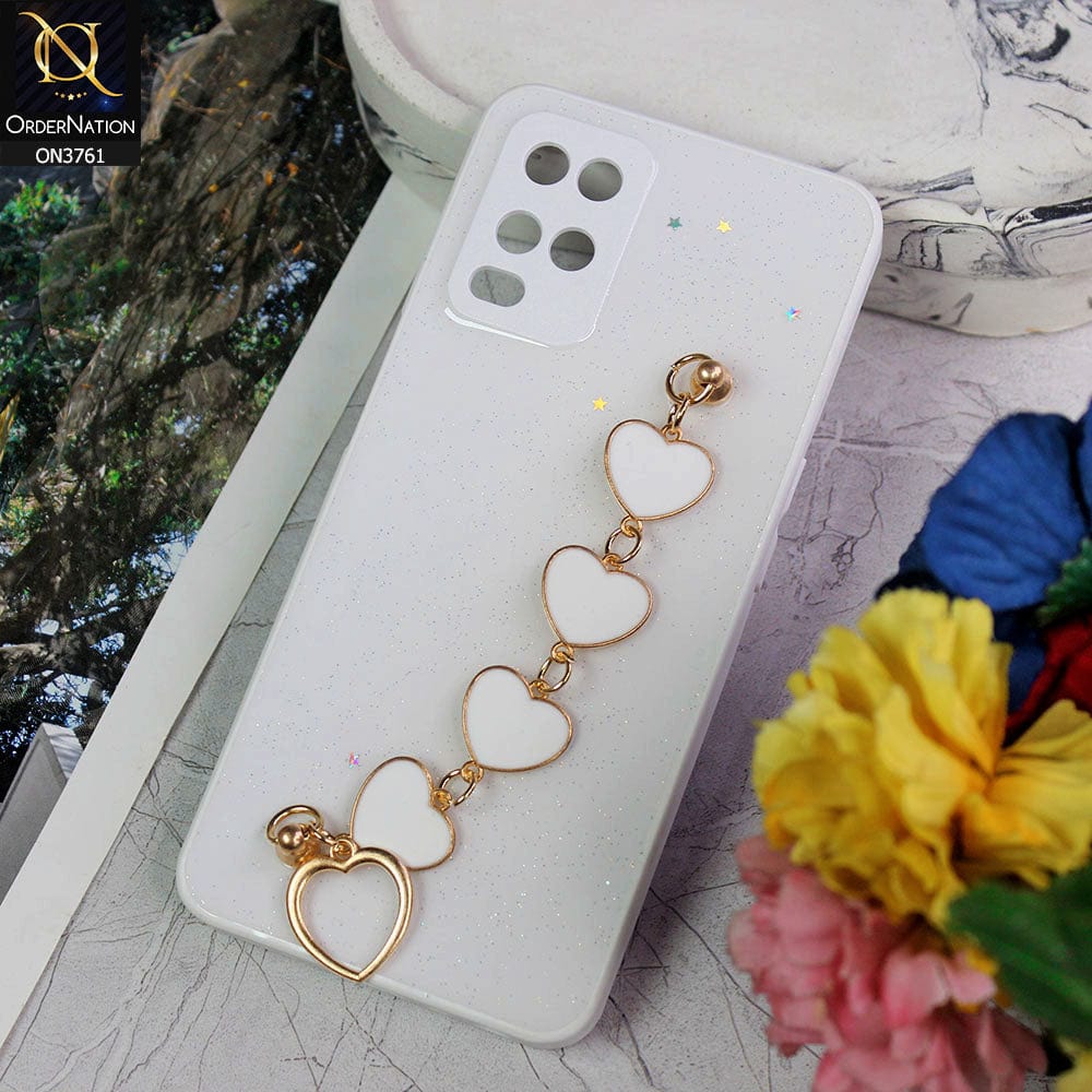 Oppo A54 4G Cover - White - Shiny Glitter Candy Color Soft Border Camera Protection Case With Heart Chain Holder (Glitter Does not move)