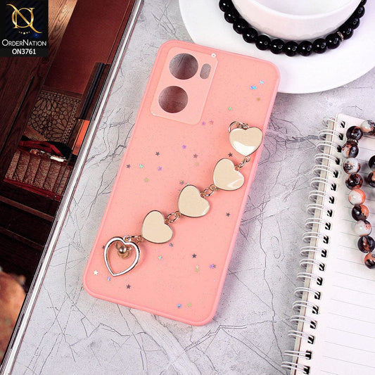 Oppo A57s Cover - Pink - Shiny Glitter Candy Color Soft Border Camera Protection Case With Heart Chain Holder (Glitter Does not move)