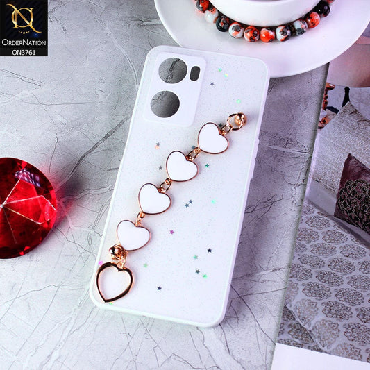 Oppo A57s Cover - White -  Shiny Glitter Candy Color Soft Border Camera Protection Case With Heart Chain Holder (Glitter Does not move)