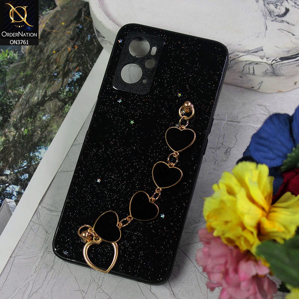 Oppo A76 Cover - Black - Shiny Glitter Candy Color Soft Border Camera Protection Case With Heart Chain Holder (Glitter Does not move)