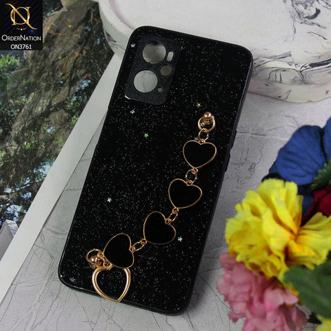 Oppo A76 Cover - Black - Shiny Glitter Candy Color Soft Border Camera Protection Case With Heart Chain Holder (Glitter Does not move)