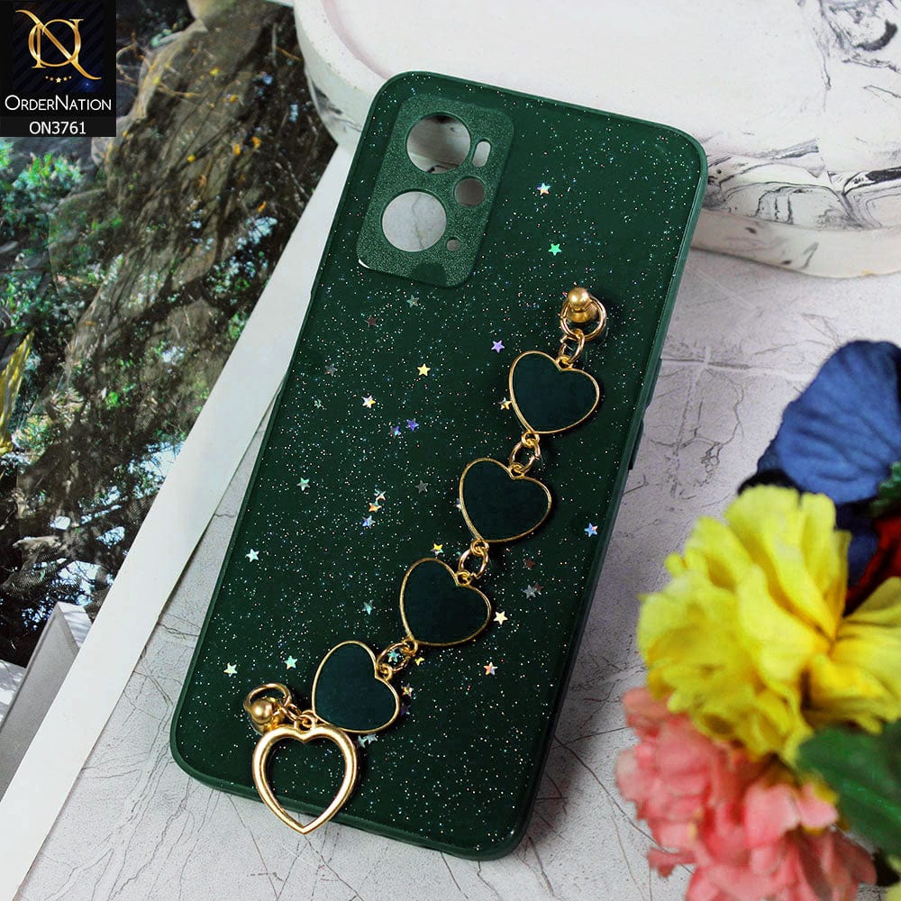 Oppo A36 Cover - Dark Green - Shiny Glitter Candy Color Soft Border Camera Protection Case With Heart Chain Holder (Glitter Does not move)