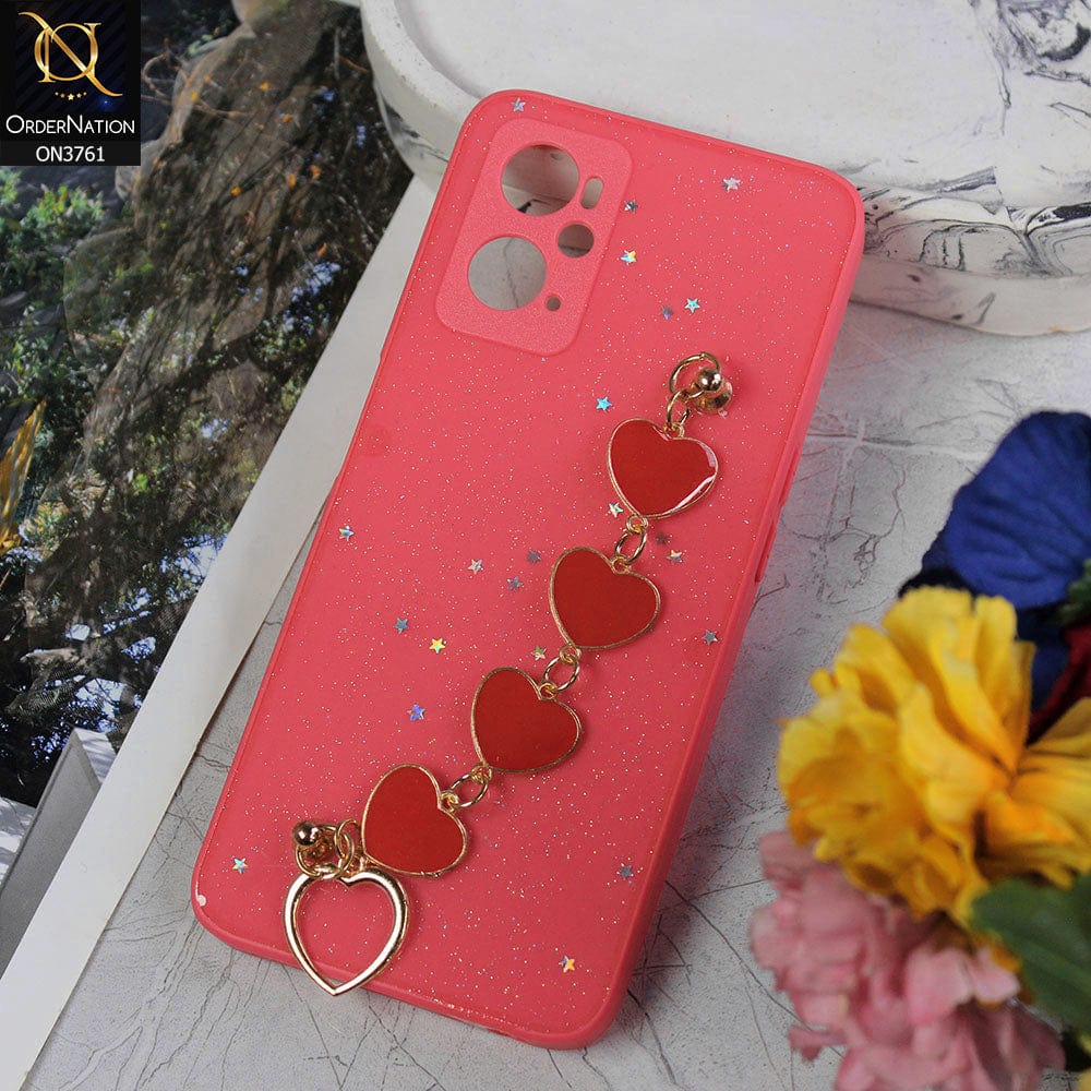 Oppo A76 Cover - Peach - Shiny Glitter Candy Color Soft Border Camera Protection Case With Heart Chain Holder (Glitter Does not move)