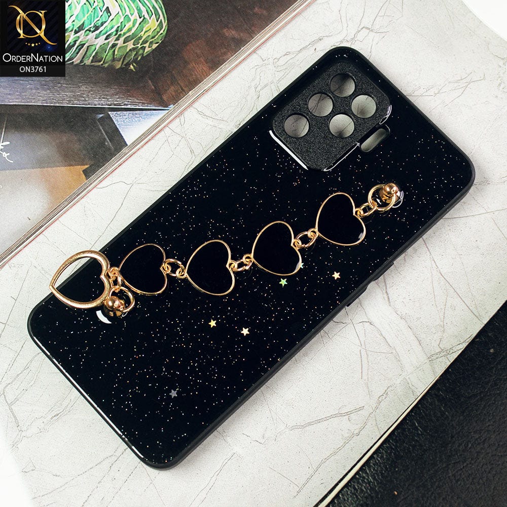 Oppo A94 Cover - Black -Shiny Glitter Candy Color Soft Border Camera Protection Case With Heart Chain Holder (Glitter Does not move)