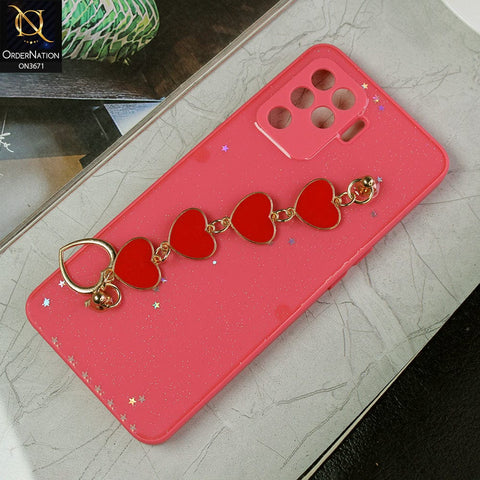 Oppo A94 Cover - Peach -Shiny Glitter Candy Color Soft Border Camera Protection Case With Heart Chain Holder (Glitter Does not move)